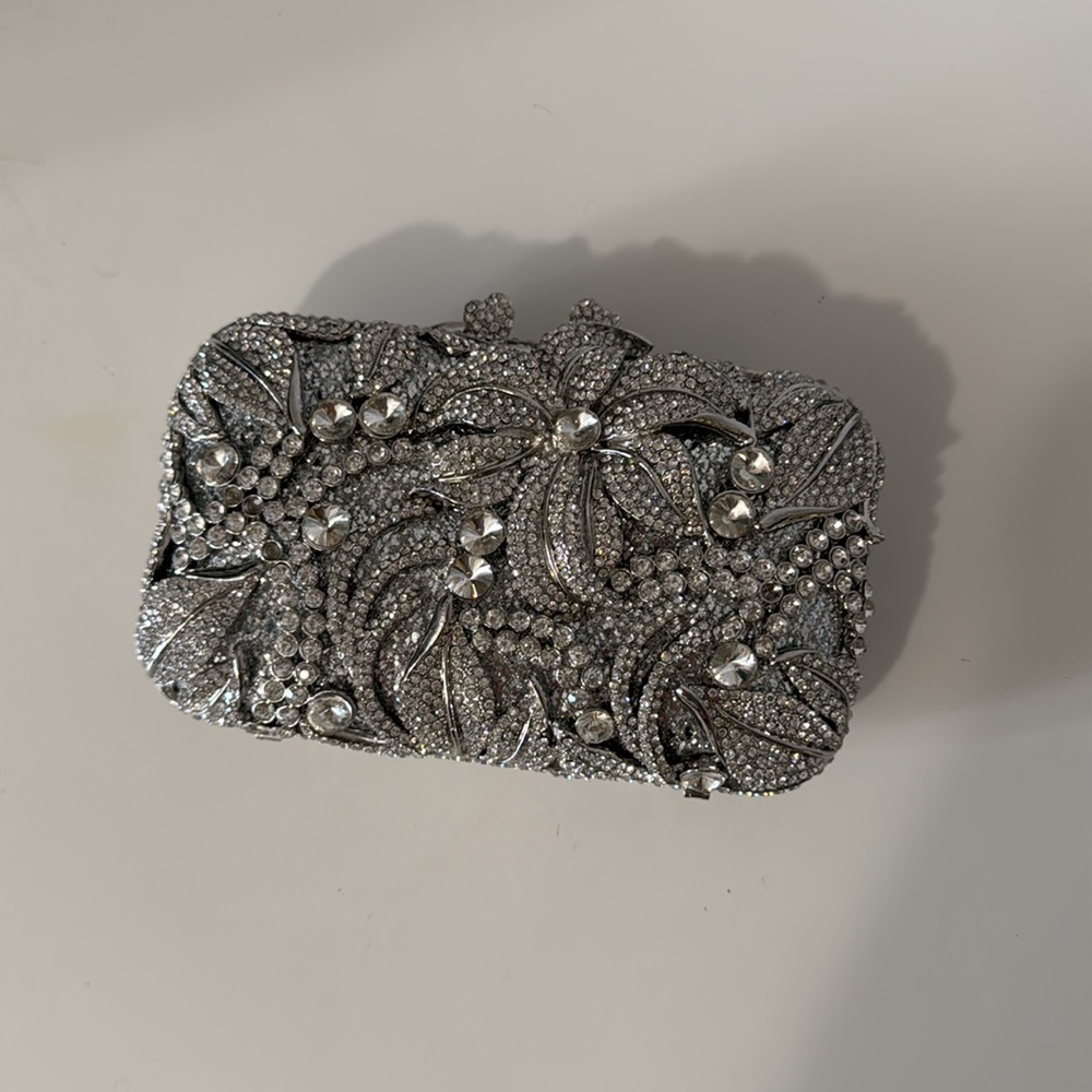 Silver Crystal Floral Clutch